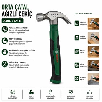 Bosch-1 600 A02 W7x ( 429 ) Orta Çatal Çekiç ( 12oz ) 24cm ( Ergonamik Yumuşak Sap )