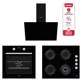 Carino 4 Fonksiyon Dijital Siyah Power Turbo 3'lü Cam Ocaklı Ankastre Set (fırın+ocak+davlumbaz)