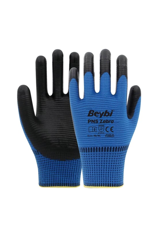 Beybi Pn5 Zebra Mavi Polyester Örme Nitril İş Eldiveni 10 Beden