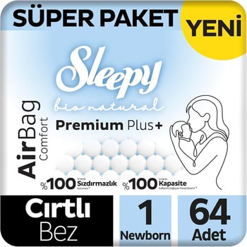 Sleepy Bio Natural Premium Plus Airbag Comfort 1 Numara Newborn 64'lü Bebek Bezi