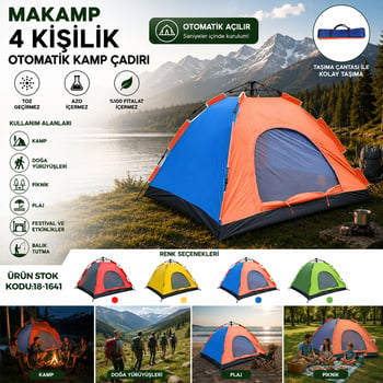 Makamp-084 (4kişilik) (toz Geçirmez) (200cmx200cmx135cm) Otomatik Kamp Çadır