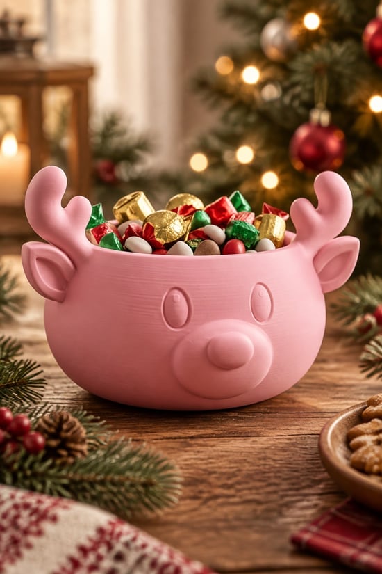Sonbahar ve Noel Temalı Ren Geyiği Figürlü Bowl - Sunum Kabı Pembe