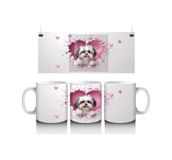 Kalplerle Süslenmiş Çatlakta Bembeyaz Köpek Baskılı Kahve Kupası Renkli