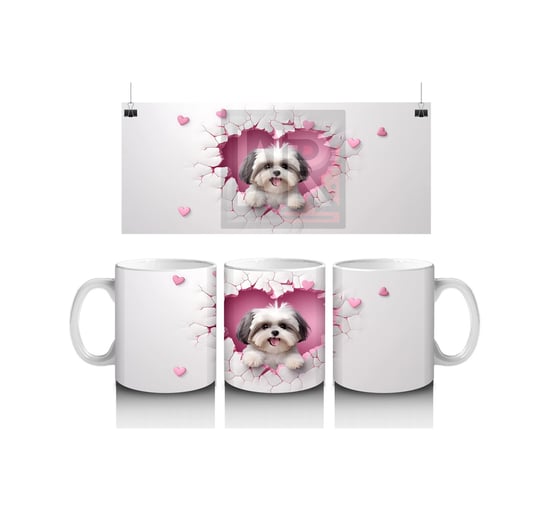 Kalplerle Süslenmiş Çatlakta Bembeyaz Köpek Baskılı Kahve Kupası Renkli