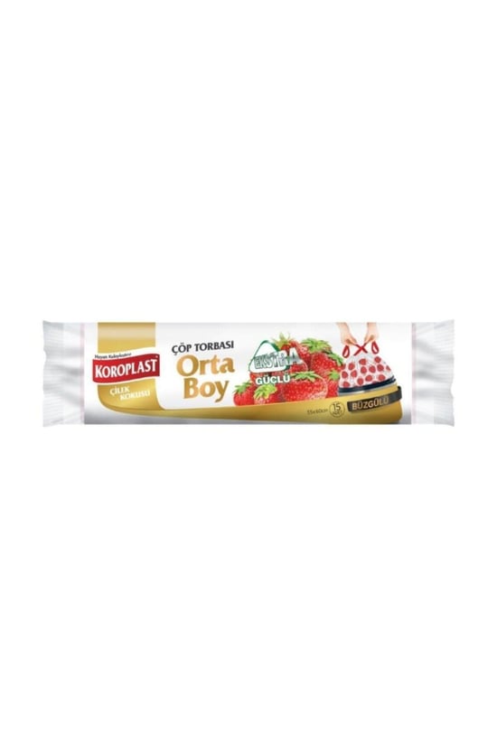 Koroplast Ekstra Güçlü Koku Hapseden Çilek Kokulu, Büzgülü Orta Boy Çöp Torbası 15'li