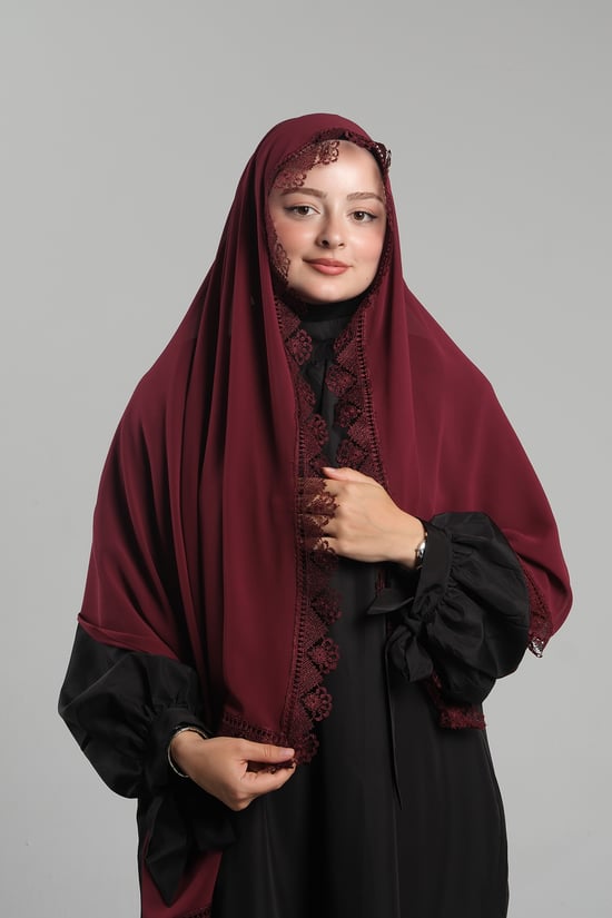 Hürrem Bone Bordo Namaz Başörtüsü Şal Şifon Güpürlü 202106_16