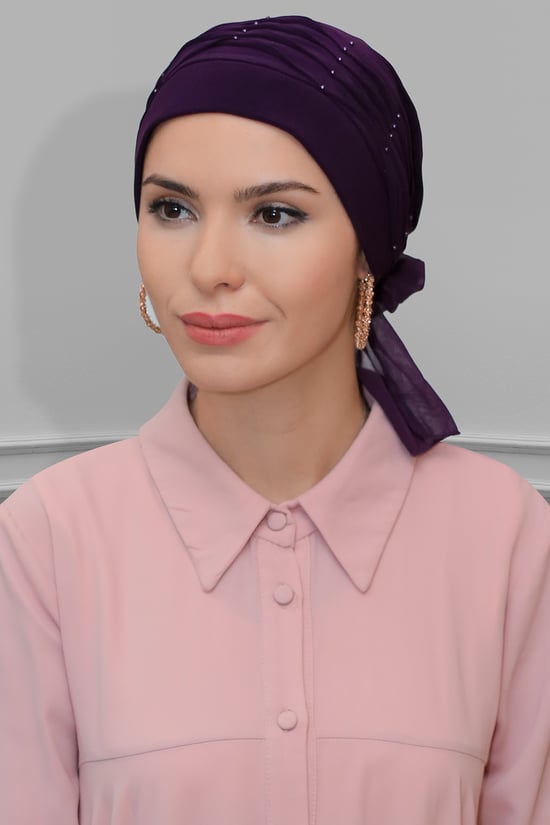 Hürrem Bone Mürdüm Pratik Hazır Geçmeli Tesettür Bone Sandy Kumaş İncili Pileli Nervürlü Güllü 1805_07