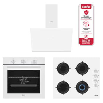 Carino 4 Fonksiyon Mekanik Beyaz Power Turbo 3'lü Cam Ocaklı Ankastre Set (fırın+ocak+davlumbaz)