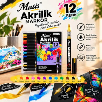 Masis 12 Renk Fırça Uçlu Akrilik Markör