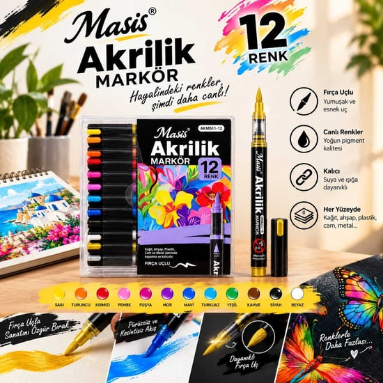 Masis 12 Renk Fırça Uçlu Akrilik Markör