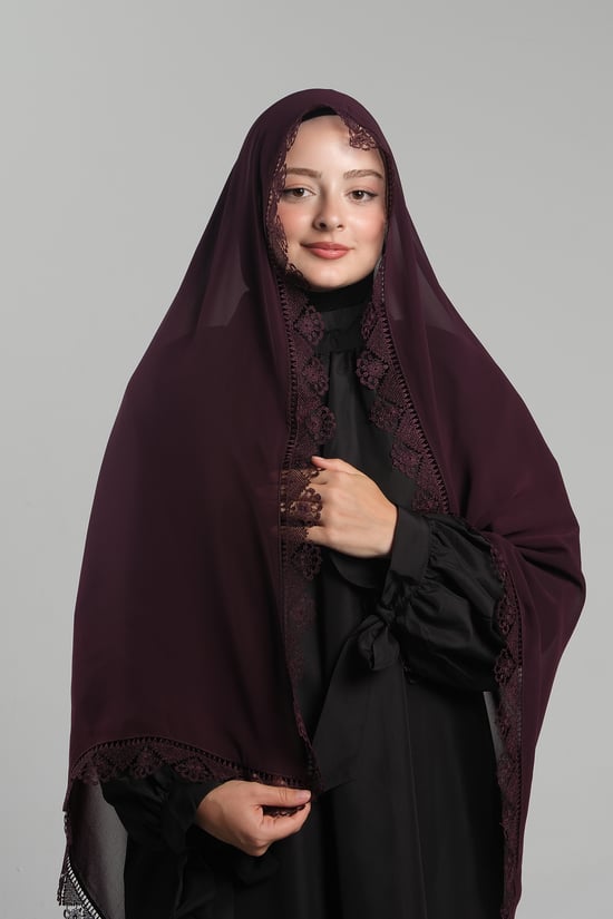 Hürrem Bone Mürdüm Namaz Başörtüsü Şal Şifon Güpürlü 202106_07