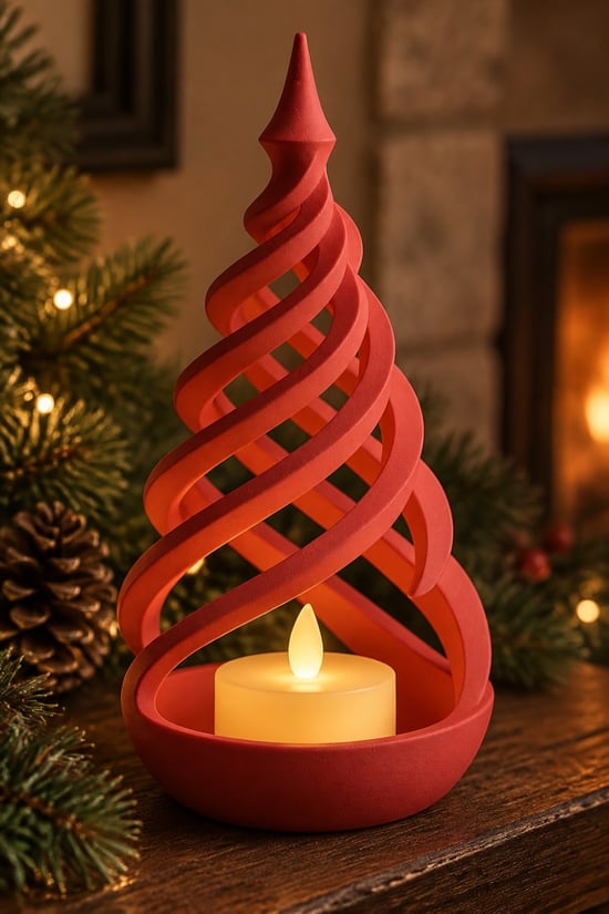Minimalist Spiral Noel Ağacı Şeklinde Led Mum Tutucu Kırmızı