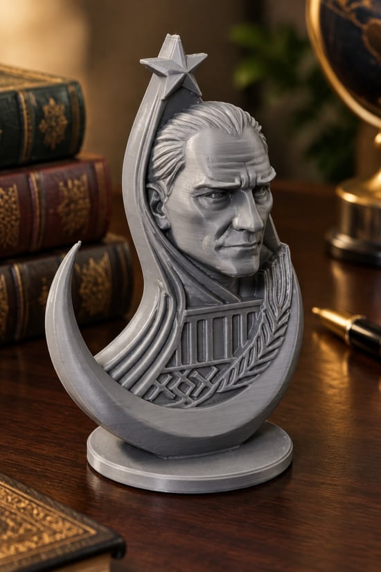Ay Yıldızlı Atatürk Figürlü Dekoratif Mini Biblo Gri