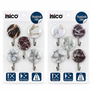 İ17-011 ( 5pcs ) ( Mermer Desenli ) ( Metal Uçlu ) Plastik Askı ( Yapışkanlı Montaj ) ( 2kg Taşıma )