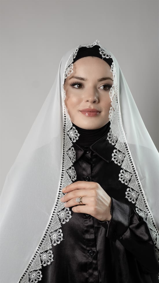 Hürrem Bone Krem Namaz Başörtüsü Şal Şifon Güpürlü 202106_40