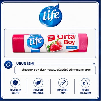 Life Çilek Kokulu Orta Boy Büzgülü Çöp Torbası 10'Lu