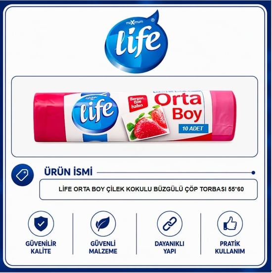 Life Çilek Kokulu Orta Boy Büzgülü Çöp Torbası 10'lu
