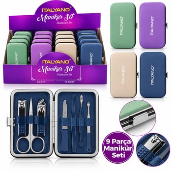 İtalyano Ka-070 ( 7pcs & Krom Mavi Kaplama ) Manikür & Pedikür Bakım Seti ( Düz Renk Desenli Model Çantalı)