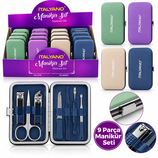 İtalyano Ka-070 ( 7pcs & Krom Mavi Kaplama ) Manikür & Pedikür Bakım Seti ( Düz Renk Desenli Model Çantalı)
