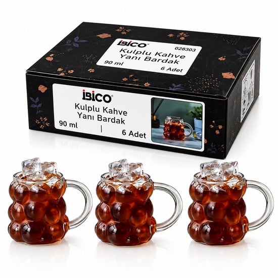 İ22-137 ( 6pcs ) ( Kulplu ) ( Üzüm & Kabarcıklı Cam ) Kahve Yanı Bardak ( 90ml )