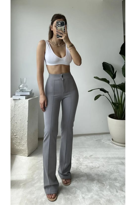 Thiff Krep Kumaş Likralı Önü Çimalı Gri Kadın Palazzo Pantolon