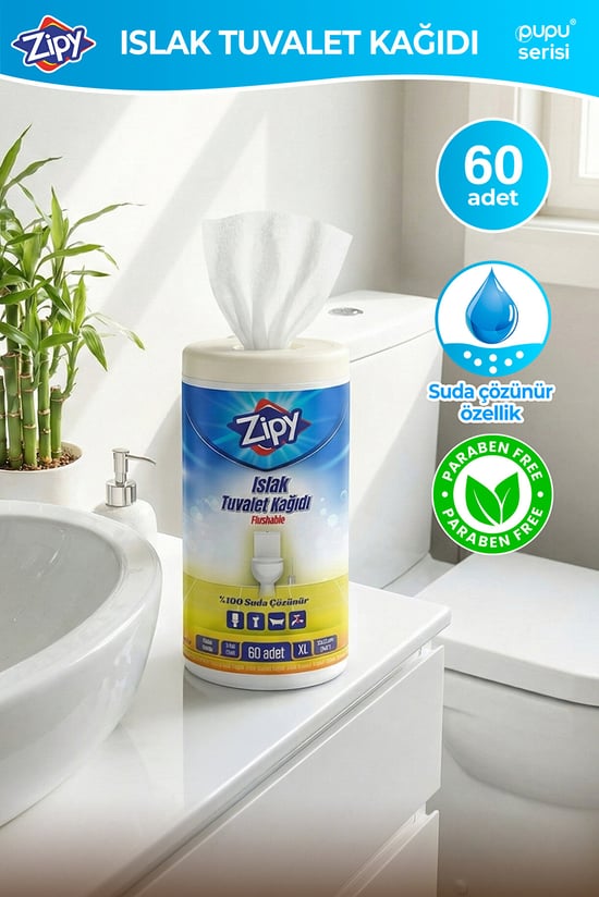 60 Adetli Zipy Islak Tuvalet Kağıdı Flushable Suda Dağılan