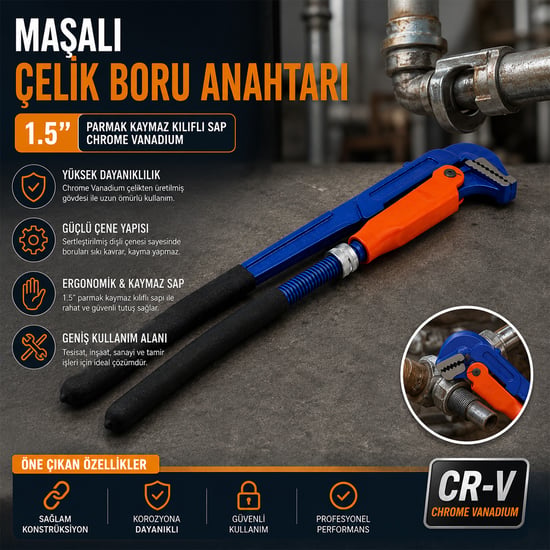 Hcs Proline Cr-v ( 1.5" Parmak ) Maşalı Çelik Boru Anahtarı (pipe Wrench) (chrome Vanadium) (kaymaz Kılıflı Sap)