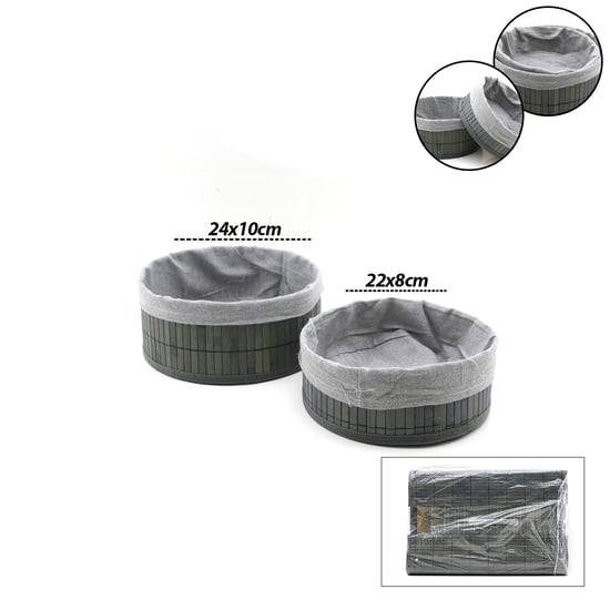 İ22-333 ( Gri ) ( 2 Boy ) ( Yuvarlak ) ( Bambu Kenar ) Organizer Sepet ( Ahşap Altlık & Bezli ) ( Çap=22x24cm )