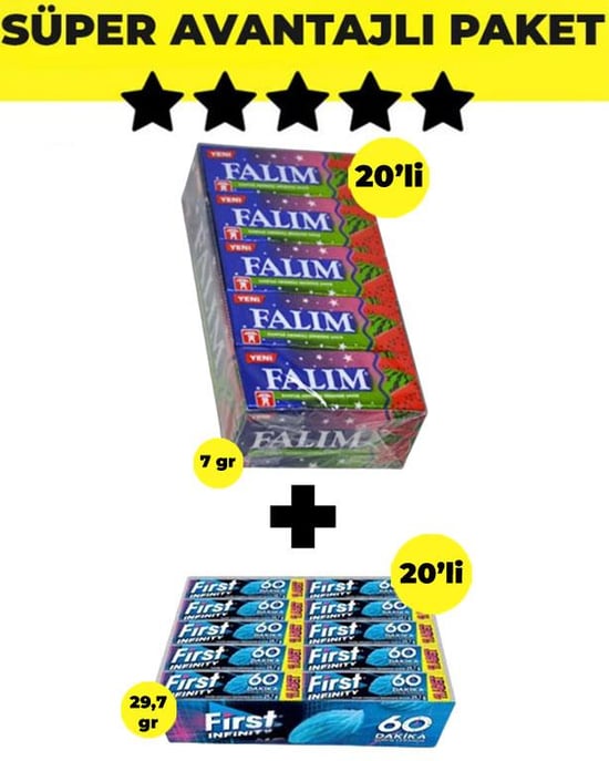 Falım Karpuz Aromalı Sakız (5'li X 20 Adet)- First İnfinity 11s Stick Nane Aromalı Sakız (29,7 Gr X 20 Adet) - Avantajlı Falım First Paketi