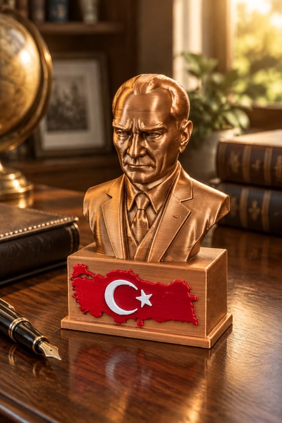 Atatürk ve Türkiye Figürlü Dekoratif Biblo - 15cm Bakır