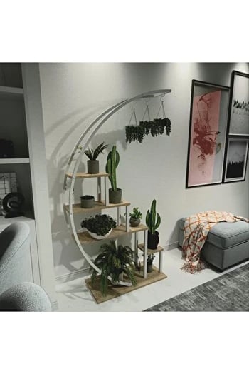 Asvera 28-018 Büyük C Tipi Dekoratif Metal Ahşap Çiçeklik - 180 Cm Dev Saksı Standı Rafı