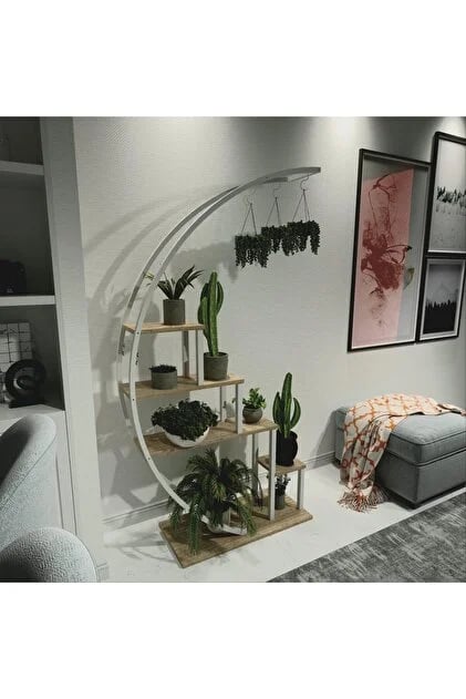 Asvera 28-018 Büyük C Tipi Dekoratif Metal Ahşap Çiçeklik - 180 Cm Dev Saksı Standı Rafı