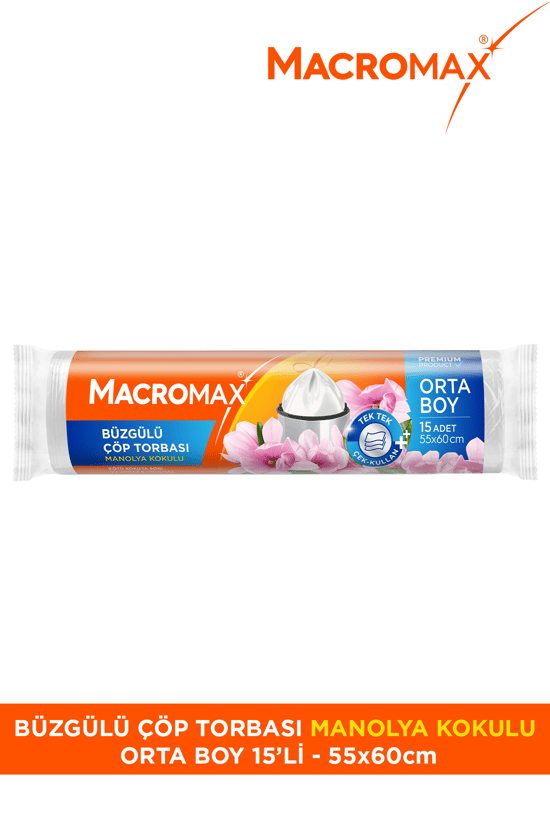 Macromax Büzgülü Çöp Torbası Orta Boy (55x60cm) Manolya Kokulu 15 Adet Süper Ekonomik Paket