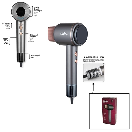 Sinbo Shd-1717 (bldc Turbo Motor) (tokmak Model) Saç Kurutma Makinesi (1600w) (2-kdm.hız) (3-kdm.sıcaklık) (yapışkanlı Askı)