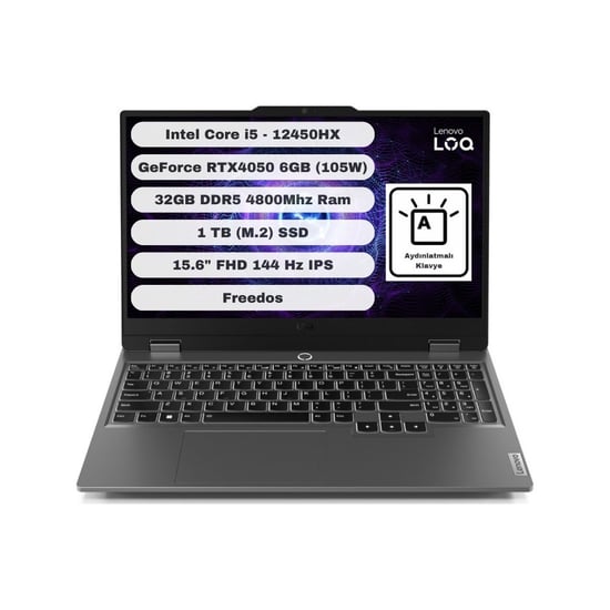 Lenovo Loq 15IAX9 GTI132 Intel Core I5 12450HX 32GB 1tb SSD Rtx 4050 Freedos 15.6'' Fhd Taşınabilir 
