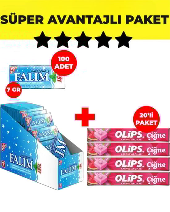 Falım (5'li 7gr x 100 Adet) - Olips (28gr x 20) Avantajlı Işıl Sakız ve Olips Çiğne Karpuz Şekerleme Paketi