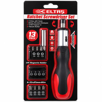 Eltaş Lrd-005 ( 13pcs ) ( Silikon Sap & Cr-v ) Cırcırlı Tornavida Bits Seti ( 3 Kademe & Çift Yönlü & Manyetik Uç Tutucu )