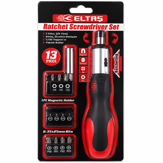 Eltaş Lrd-005 ( 13pcs ) ( Silikon Sap & Cr-v ) Cırcırlı Tornavida Bits Seti ( 3 Kademe & Çift Yönlü & Manyetik Uç Tutucu )