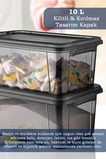 Moi 10 Litre Derin Erzak Kabı-Un Bakliyat Erzak Kabı-Kilitli Kapak