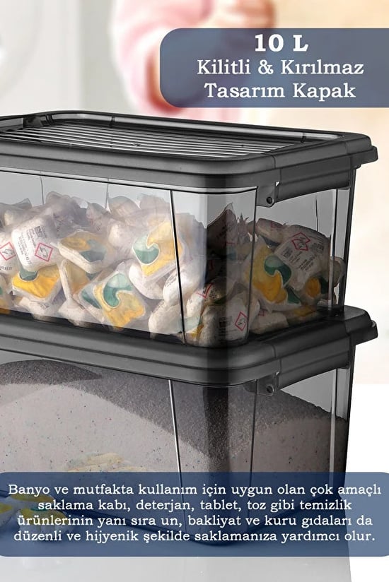 Moi 10 Litre Derin Erzak Kabı-Un Bakliyat Erzak Kabı-Kilitli Kapak