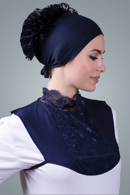 Hürrem Bone Lacivert Tesettür Boyunluk Viskon Kumaş Göğüs Dantelli 1005_02