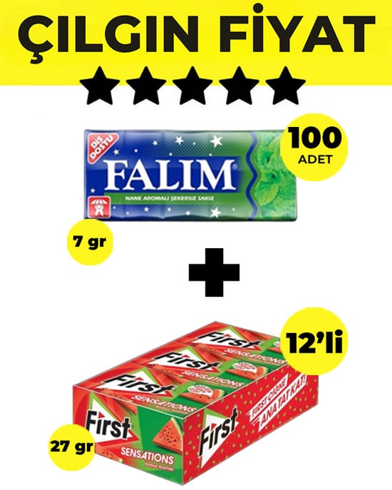 Falım Nane Aromalı Sakız (7gr X 100 Paket) - First Sensations Karpuz 12’li Paket (27gr X 12 Adet) Avantajlı Falım-first Paketi