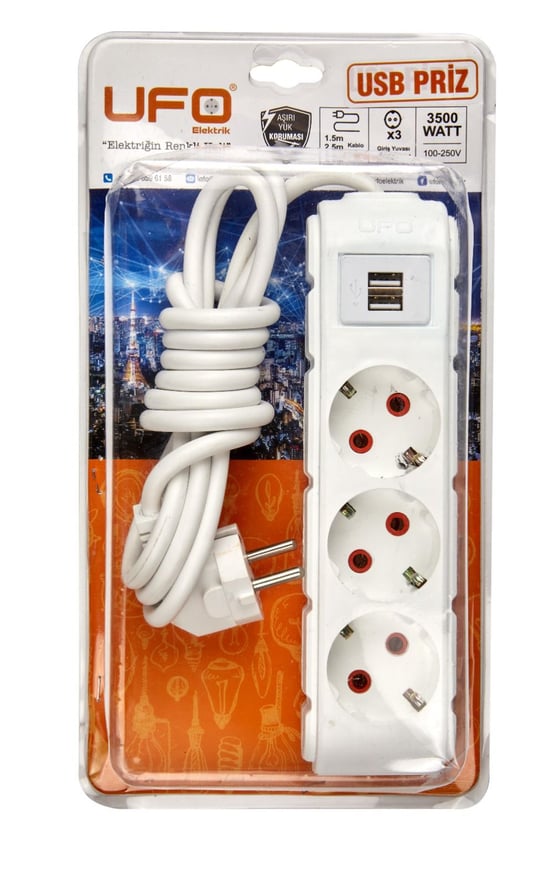 Ufo 3'lü 1.5 Metre USB'li Grup Priz Beyaz
