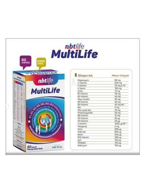 Nbt Life Multilife Aktif İçerikli Multivitamin Multimineral Takviye Edici Gıda 60 Kapsül