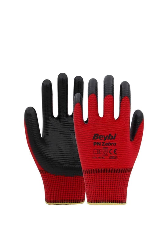 Beybi Pn Zebra Kırmızı Polyester Örme Nitril İş Eldiveni 10 Beden