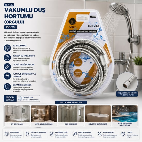 Tudor Tdr-213 ( Krom & Örgülü ) Vakumlu Duş Hortumu ( 150cm ) ( Vakumlu Ambalaj )