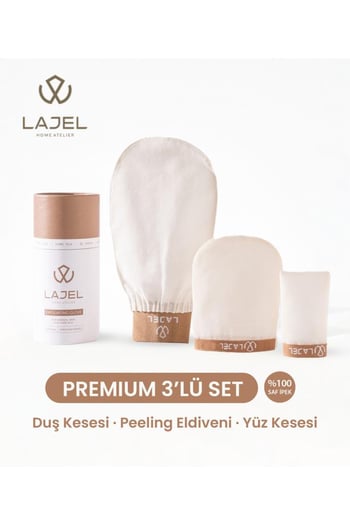 Lajel Premium 3'lü Set Beyaz Duş Kesesi, Peeling Eldiveni, Yüz Kesesi Floş Ipek Normal,orta,hassas Ciltler