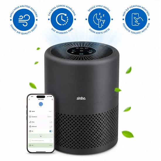 Sinbo Sap-5508 Hava Temizleme Cihazı ( Antrasit Gri ) ( 3 Kademe Filtreleme ) ( Otomatik Fan ) ( Uv Aydınlatma ) ( Sessiz Uyku Mod ) ( Wifi Uzaktan Kontrol )