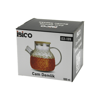 İ22-135 ( 1000ml ) ( Kabartma Desen ) ( Cam Demlik ) ( Bambu Dış Yüzey & Metal İç Yüzey & Silikon Contalı Kapak )