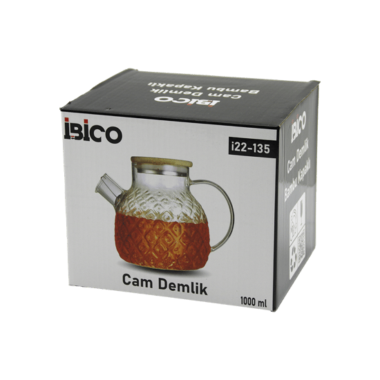 İ22-135 ( 1000ml ) ( Kabartma Desen ) ( Cam Demlik ) ( Bambu Dış Yüzey & Metal İç Yüzey & Silikon Contalı Kapak )